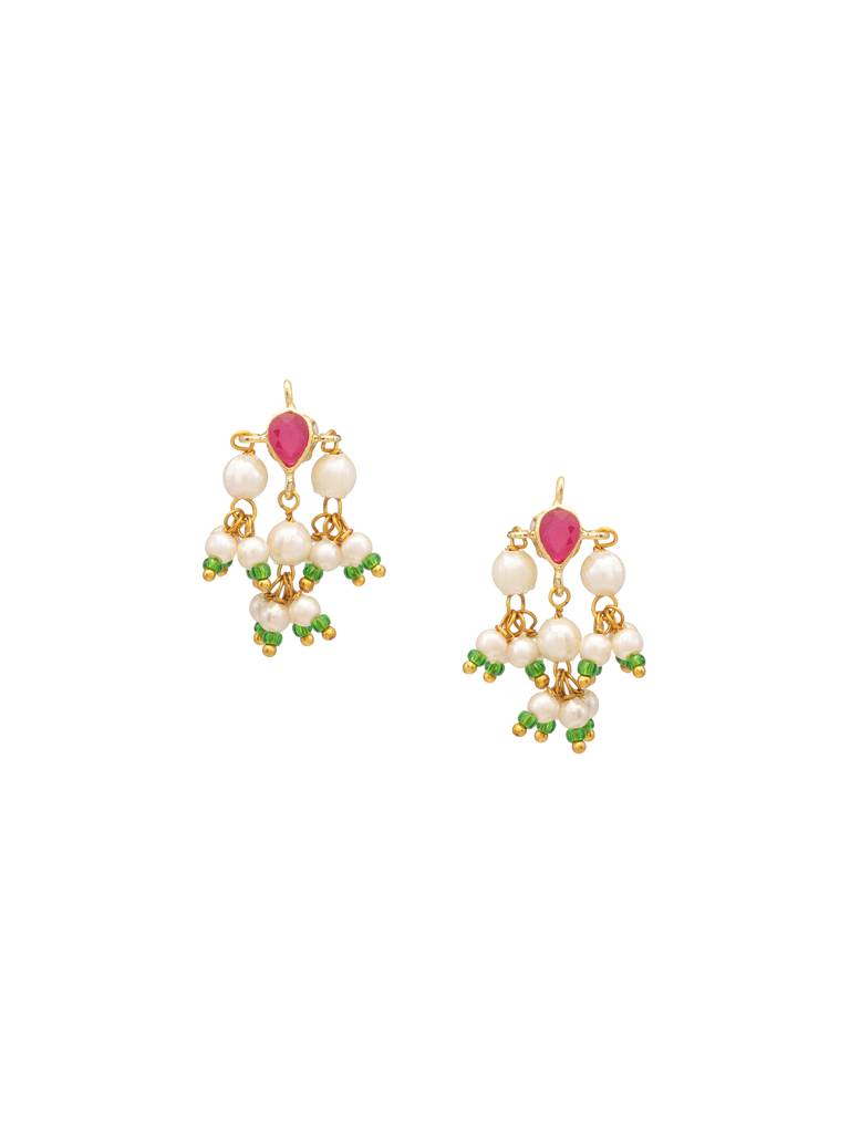 Tear Drop Shaped Earrings & Maang Tikka Jewelry Set With Jhallar Pearls Maroon Kundan In Gold Plated Brass : RRJAN25-61