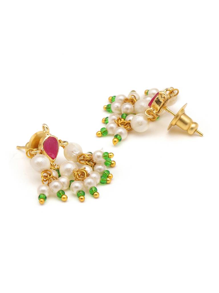 Tear Drop Shaped Earrings & Maang Tikka Jewelry Set With Jhallar Pearls Maroon Kundan In Gold Plated Brass : RRJAN25-61