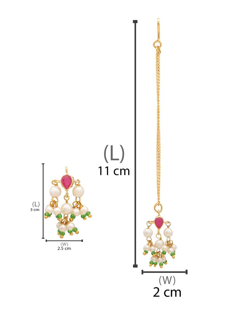 Tear Drop Shaped Earrings & Maang Tikka Jewelry Set With Jhallar Pearls Maroon Kundan In Gold Plated Brass : RRJAN25-61