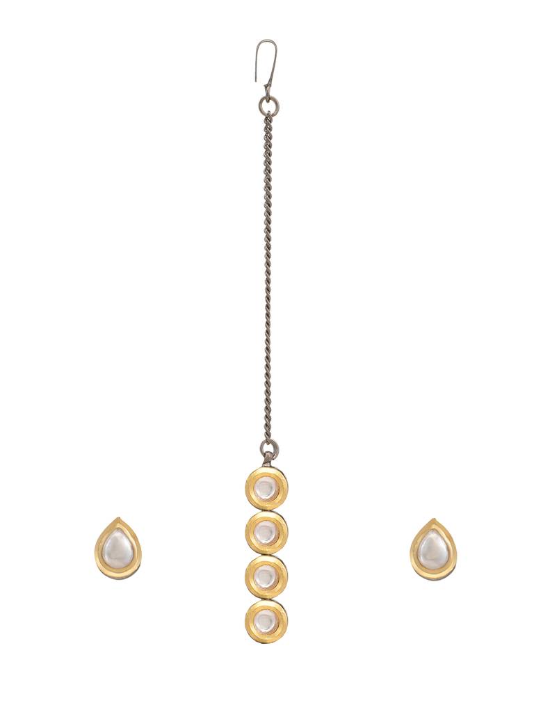 Round Kundan Stud Earrings & Maang Tikka Jewelry Set In Silver Plated Brass : RRJAN25-64