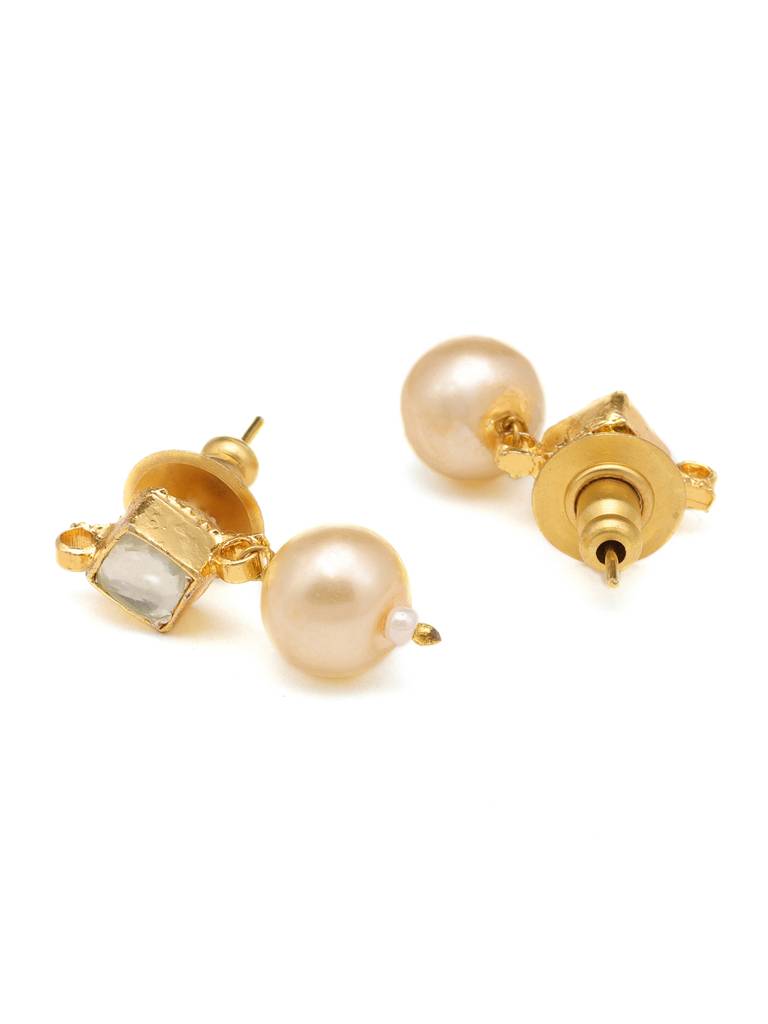 Square Shaped Kundan Stud Earrings & Maang Tikka Jewelry Set With Pearls Bead Drop In Gold Plated Brass : RRJAN25-65