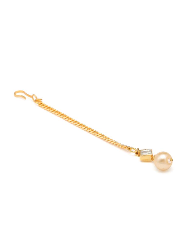 Square Shaped Kundan Stud Earrings & Maang Tikka Jewelry Set With Pearls Bead Drop In Gold Plated Brass : RRJAN25-65