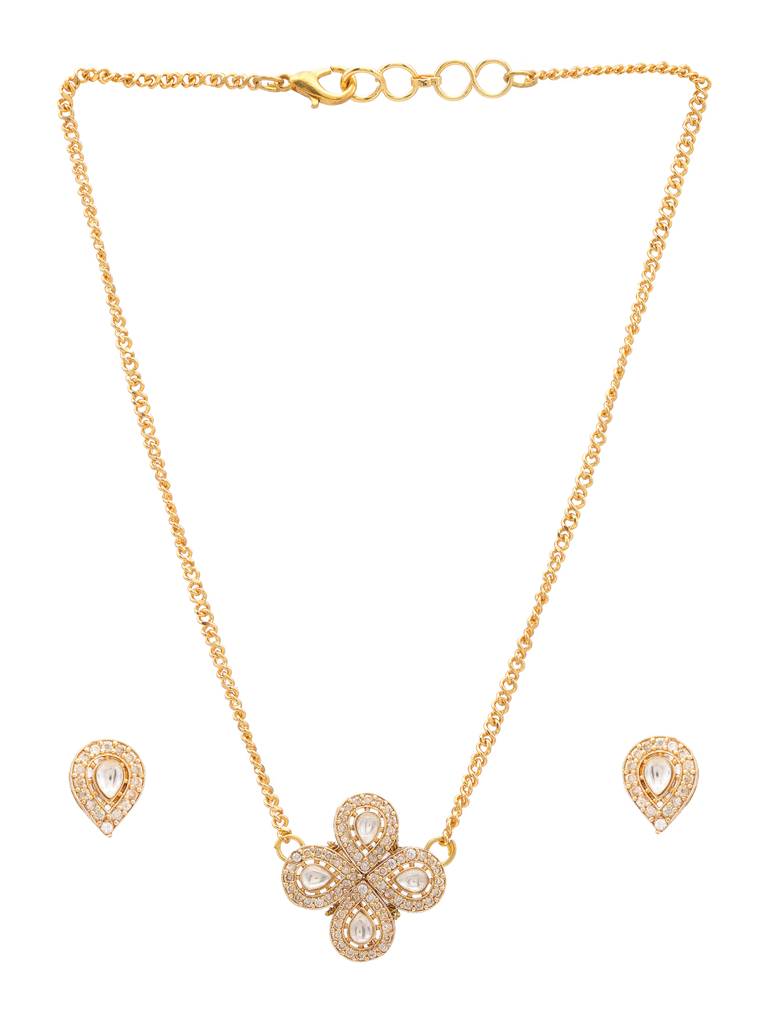 Tear Drop Shaped Flower Necklace & Earrings Jewelry Set With Diamond Embelishement In Gold Plated Brass : RRJAN25-66