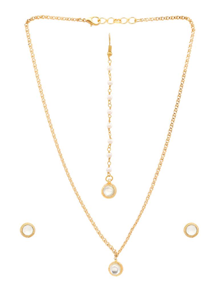 Kundan Round Necklace, Earrings & Maang Tikka Jewelry Set In Gold Plated Brass : RRJAN25-67