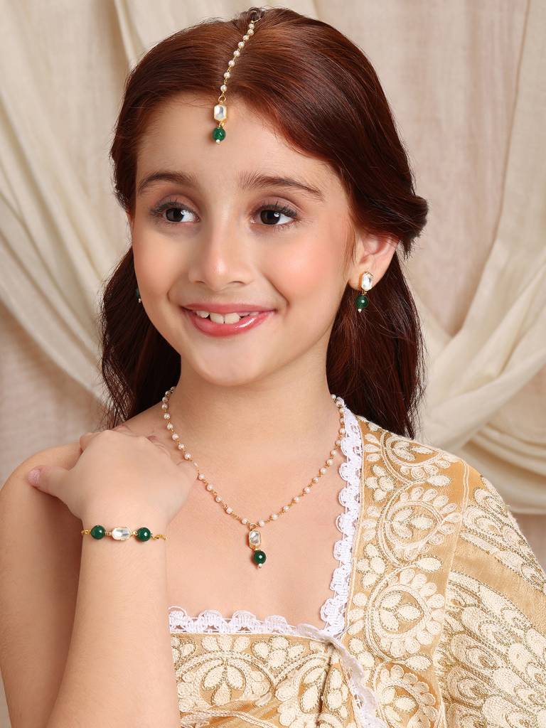 Kundan Green Stone Necklace, Earrings, Maang Tikka & Bracelet Jewelry Set In Gold Plated Brass With Pearls : RRJAN25-68