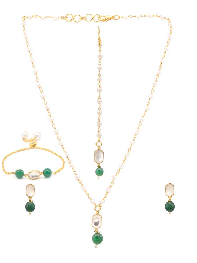 Kundan Green Stone Necklace, Earrings, Maang Tikka & Bracelet Jewelry Set In Gold Plated Brass With Pearls : RRJAN25-68