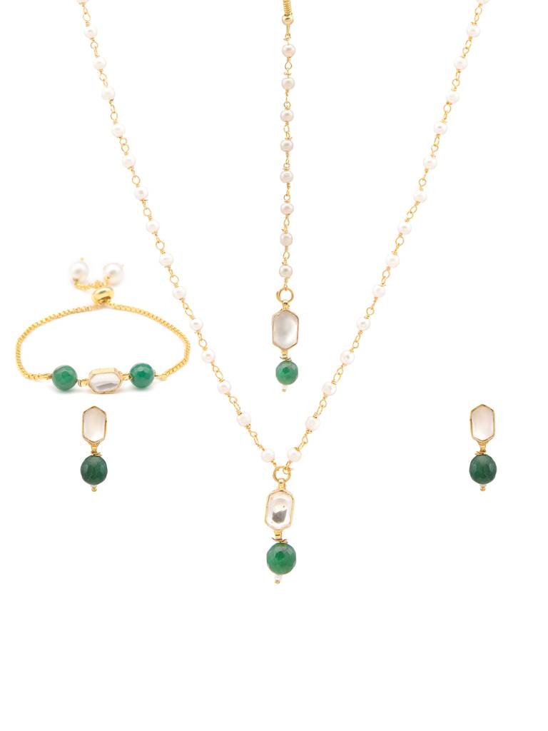 Kundan Green Stone Necklace, Earrings, Maang Tikka & Bracelet Jewelry Set In Gold Plated Brass With Pearls : RRJAN25-68