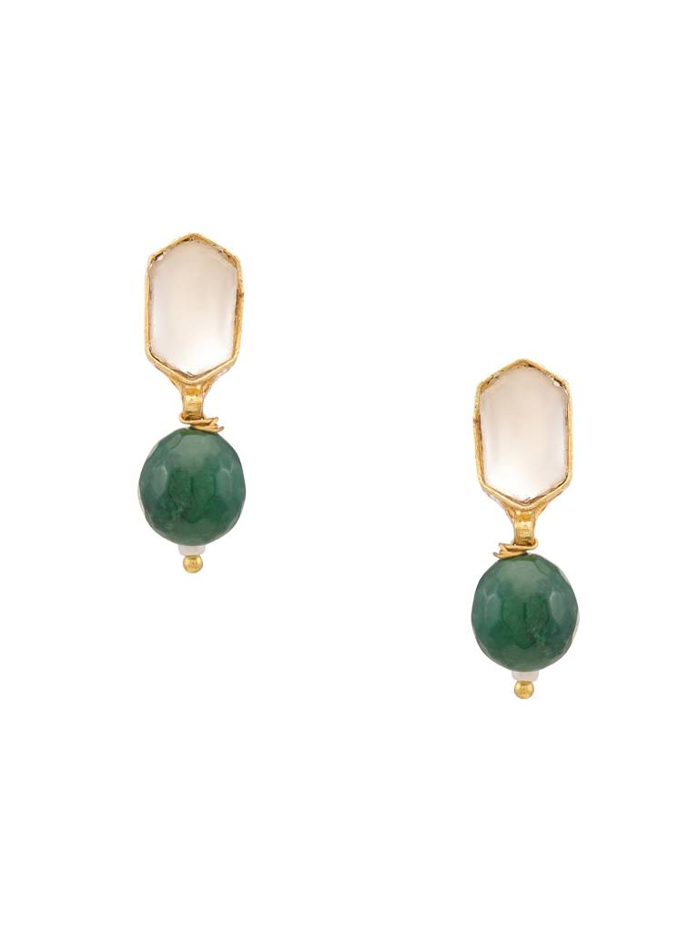 Kundan Green Stone Necklace, Earrings, Maang Tikka & Bracelet Jewelry Set In Gold Plated Brass With Pearls : RRJAN25-68