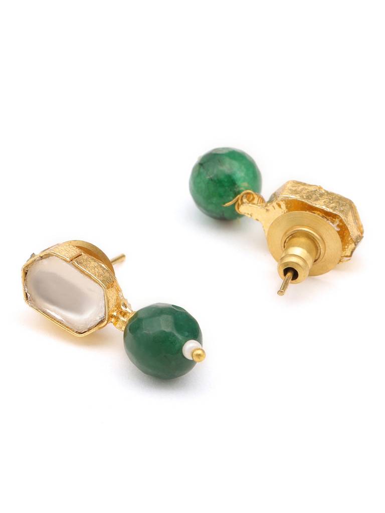 Kundan Green Stone Necklace, Earrings, Maang Tikka & Bracelet Jewelry Set In Gold Plated Brass With Pearls : RRJAN25-68