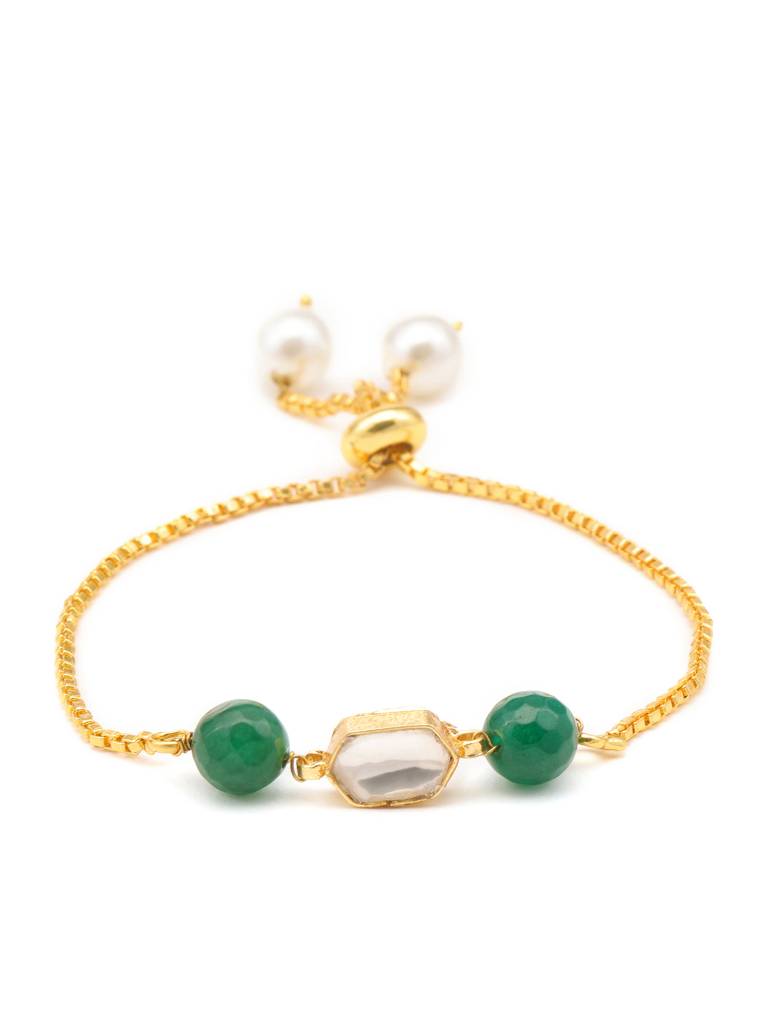 Kundan Green Stone Necklace, Earrings, Maang Tikka & Bracelet Jewelry Set In Gold Plated Brass With Pearls : RRJAN25-68