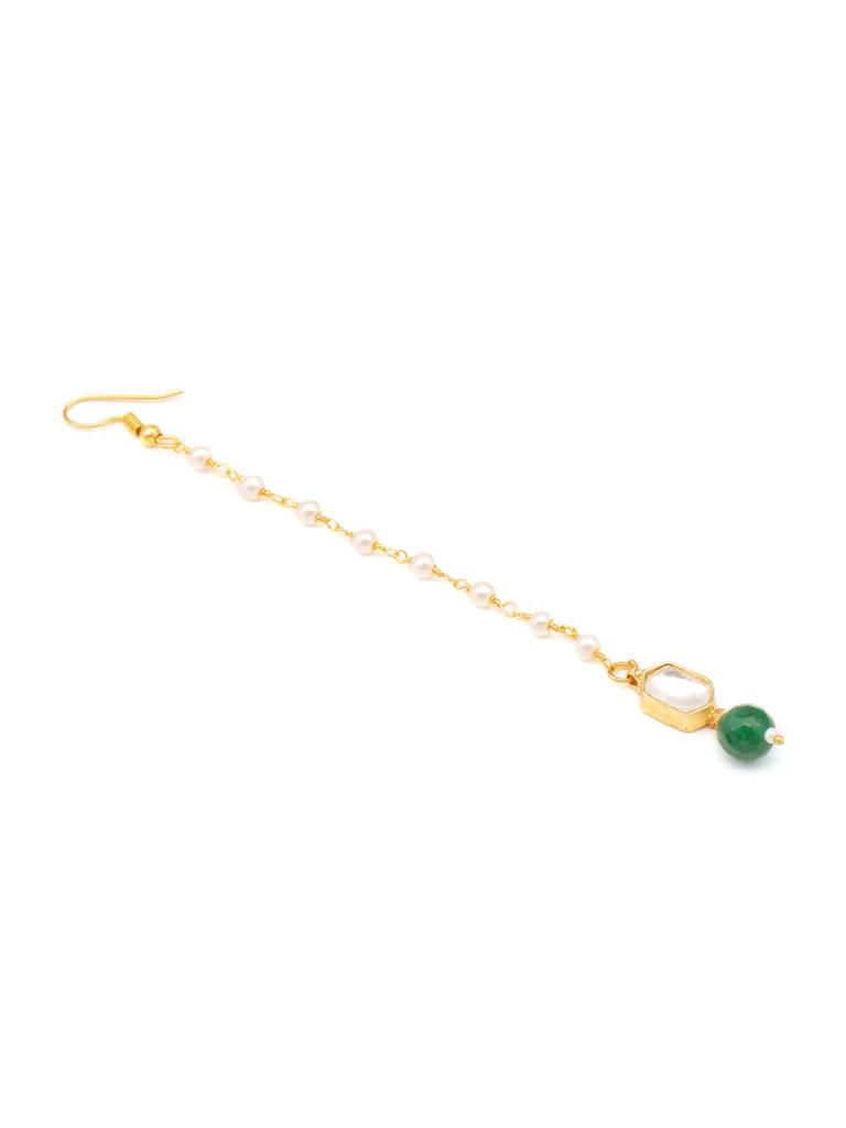 Kundan Green Stone Necklace, Earrings, Maang Tikka & Bracelet Jewelry Set In Gold Plated Brass With Pearls : RRJAN25-68