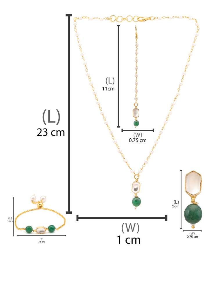 Kundan Green Stone Necklace, Earrings, Maang Tikka & Bracelet Jewelry Set In Gold Plated Brass With Pearls : RRJAN25-68