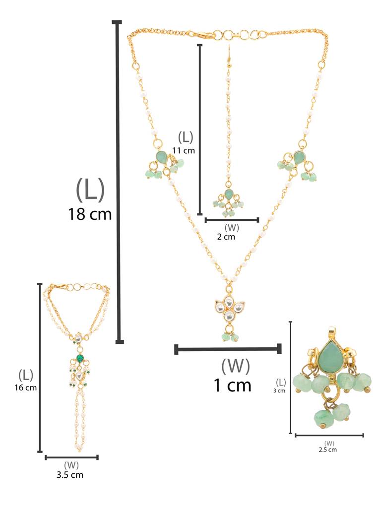 Kundan Mint Green Stone Necklace, Earrings, Bracelet/Haath Phool & Maang Tikka Jewelry Set In Gold Plated Brass W : RRJAN25-71
