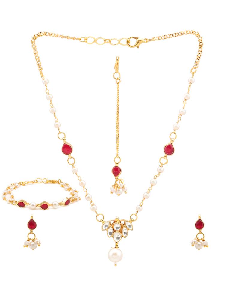 Kundan Maroon Stone Necklace, Stud Earrings, Maang Tikka & Bracelet Jewelry Set In Gold Plated Brass With Pearls : RRJAN25-72