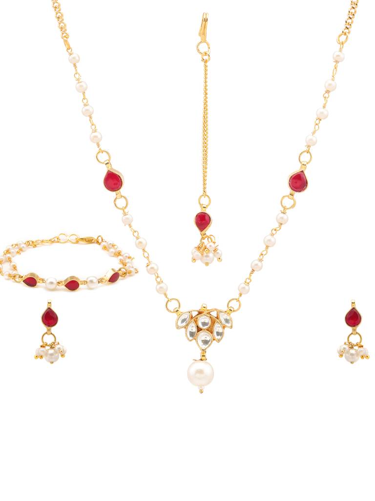 Kundan Maroon Stone Necklace, Stud Earrings, Maang Tikka & Bracelet Jewelry Set In Gold Plated Brass With Pearls : RRJAN25-72