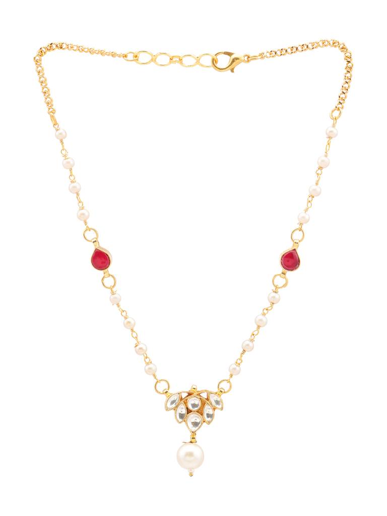 Kundan Maroon Stone Necklace, Stud Earrings, Maang Tikka & Bracelet Jewelry Set In Gold Plated Brass With Pearls : RRJAN25-72