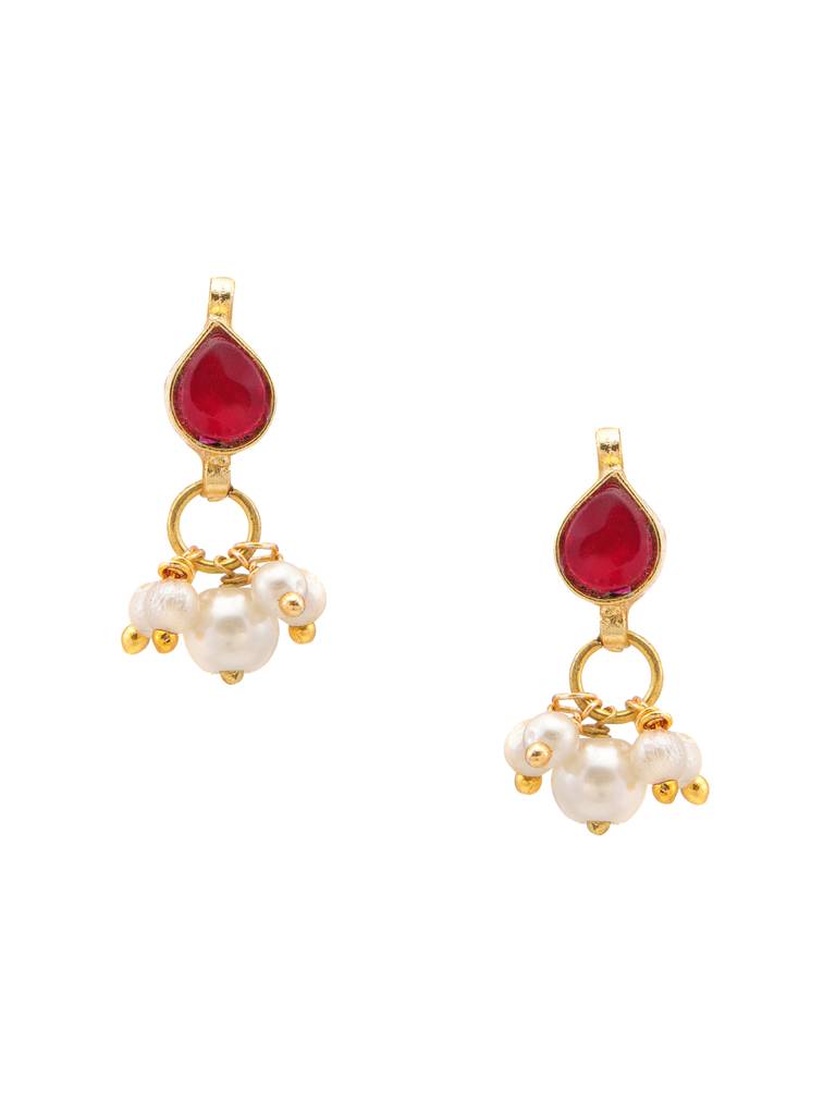 Kundan Maroon Stone Necklace, Stud Earrings, Maang Tikka & Bracelet Jewelry Set In Gold Plated Brass With Pearls : RRJAN25-72