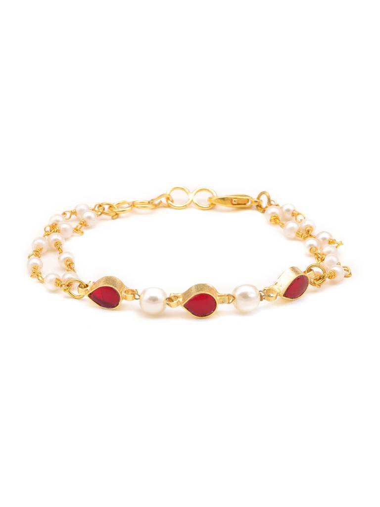Kundan Maroon Stone Necklace, Stud Earrings, Maang Tikka & Bracelet Jewelry Set In Gold Plated Brass With Pearls : RRJAN25-72