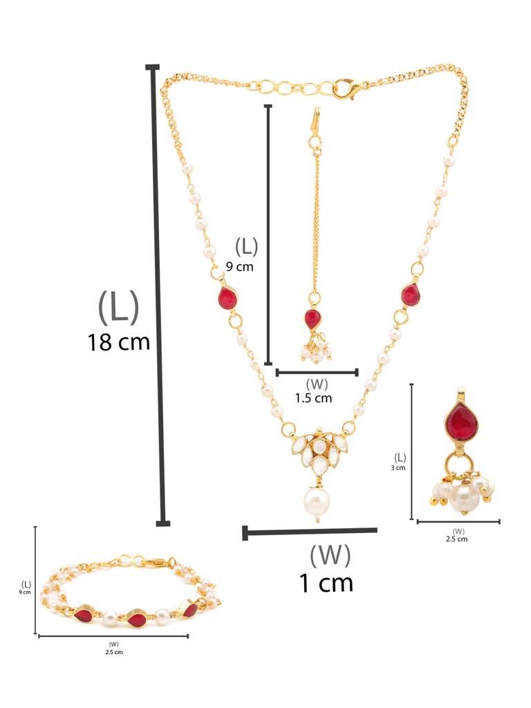 Kundan Maroon Stone Necklace, Stud Earrings, Maang Tikka & Bracelet Jewelry Set In Gold Plated Brass With Pearls : RRJAN25-72