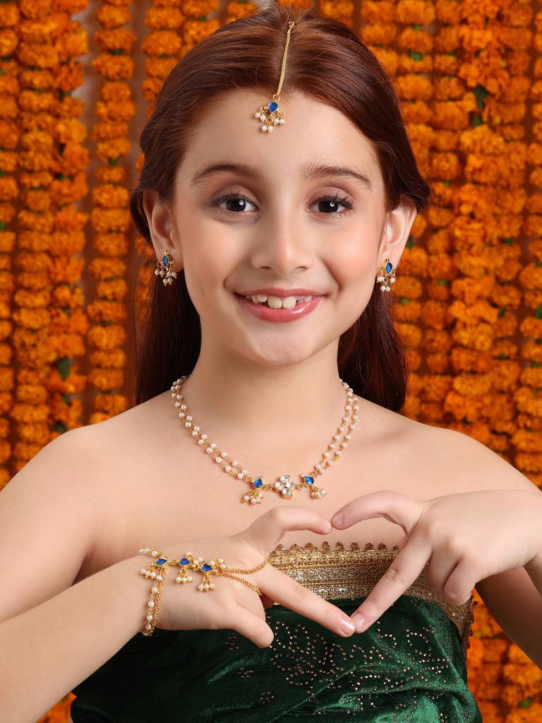 Kundan Blue Stone Necklace, Stud Earrings, Maang Tikka & Bracelet/Haath Phool Jewelry Set In Gold Plated Brass Wi : RRJAN25-73