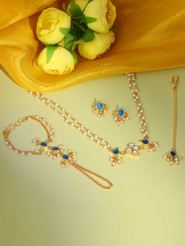 Kundan Blue Stone Necklace, Stud Earrings, Maang Tikka & Bracelet/Haath Phool Jewelry Set In Gold Plated Brass Wi : RRJAN25-73