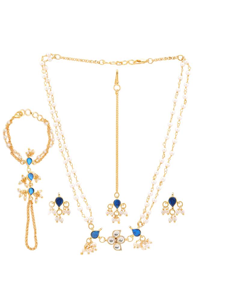 Kundan Blue Stone Necklace, Stud Earrings, Maang Tikka & Bracelet/Haath Phool Jewelry Set In Gold Plated Brass Wi : RRJAN25-73