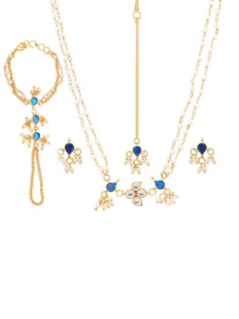 Kundan Blue Stone Necklace, Stud Earrings, Maang Tikka & Bracelet/Haath Phool Jewelry Set In Gold Plated Brass Wi : RRJAN25-73