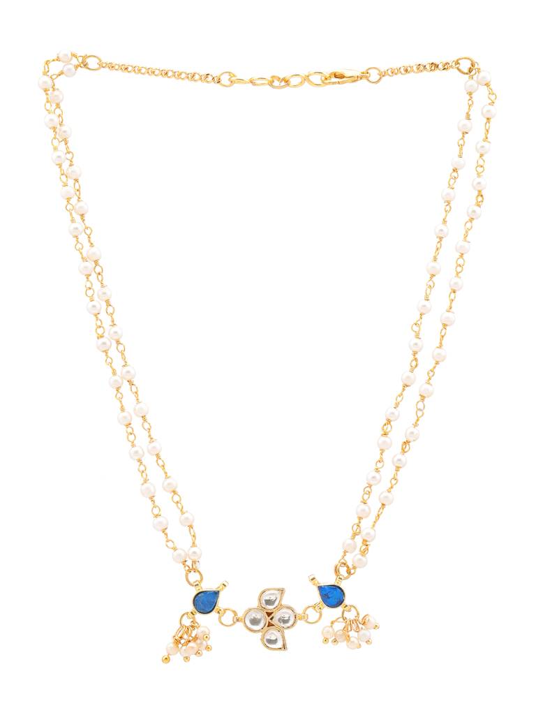 Kundan Blue Stone Necklace, Stud Earrings, Maang Tikka & Bracelet/Haath Phool Jewelry Set In Gold Plated Brass Wi : RRJAN25-73