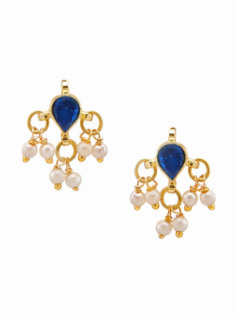 Kundan Blue Stone Necklace, Stud Earrings, Maang Tikka & Bracelet/Haath Phool Jewelry Set In Gold Plated Brass Wi : RRJAN25-73