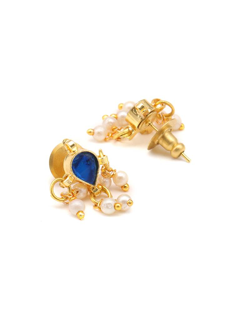 Kundan Blue Stone Necklace, Stud Earrings, Maang Tikka & Bracelet/Haath Phool Jewelry Set In Gold Plated Brass Wi : RRJAN25-73