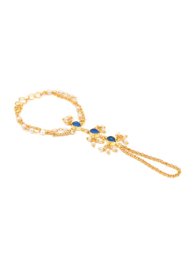 Kundan Blue Stone Necklace, Stud Earrings, Maang Tikka & Bracelet/Haath Phool Jewelry Set In Gold Plated Brass Wi : RRJAN25-73