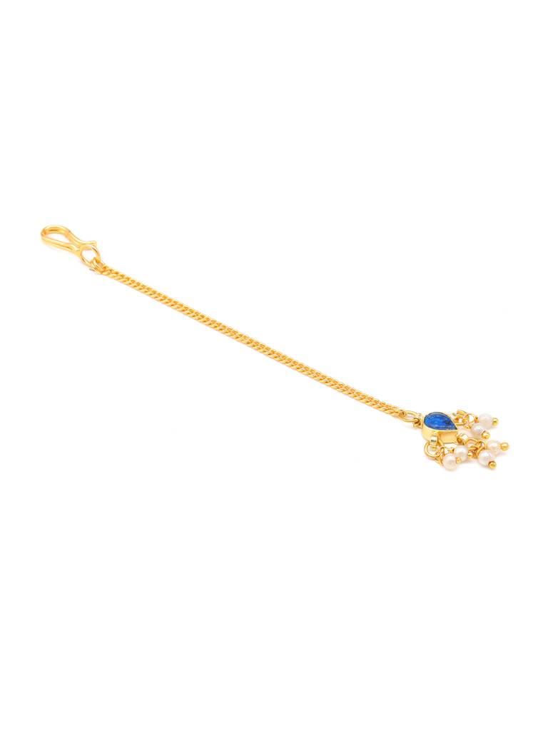 Kundan Blue Stone Necklace, Stud Earrings, Maang Tikka & Bracelet/Haath Phool Jewelry Set In Gold Plated Brass Wi : RRJAN25-73