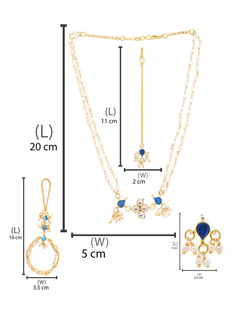 Kundan Blue Stone Necklace, Stud Earrings, Maang Tikka & Bracelet/Haath Phool Jewelry Set In Gold Plated Brass Wi : RRJAN25-73