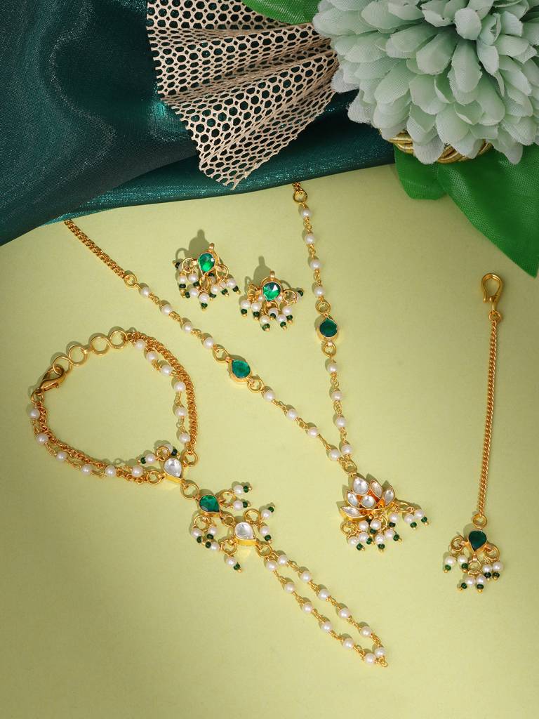 Kundan Necklace, Stud Earrings, Maang Tikka & Bracelet/Haath Phool Jewelry Set In Gold Plated Brass With Pearls & : RRJAN25-74