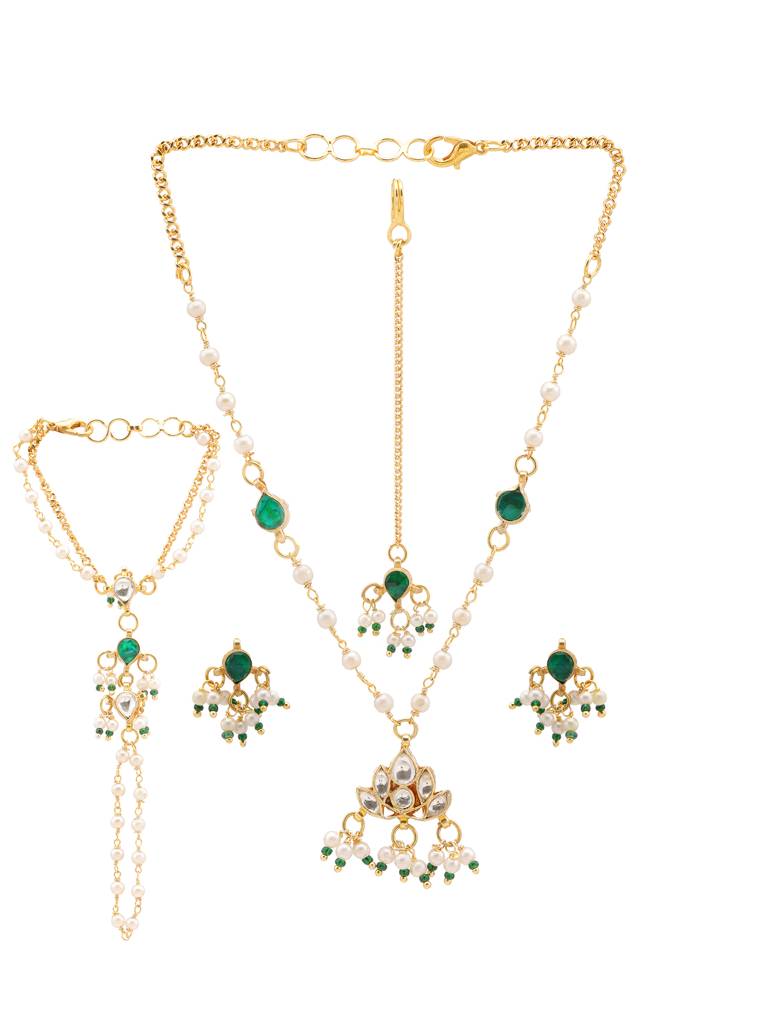 Kundan Necklace, Stud Earrings, Maang Tikka & Bracelet/Haath Phool Jewelry Set In Gold Plated Brass With Pearls & : RRJAN25-74