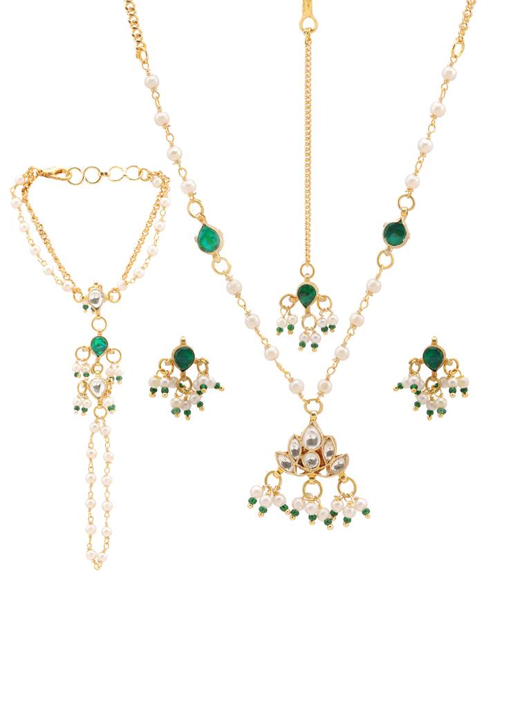 Kundan Necklace, Stud Earrings, Maang Tikka & Bracelet/Haath Phool Jewelry Set In Gold Plated Brass With Pearls & : RRJAN25-74
