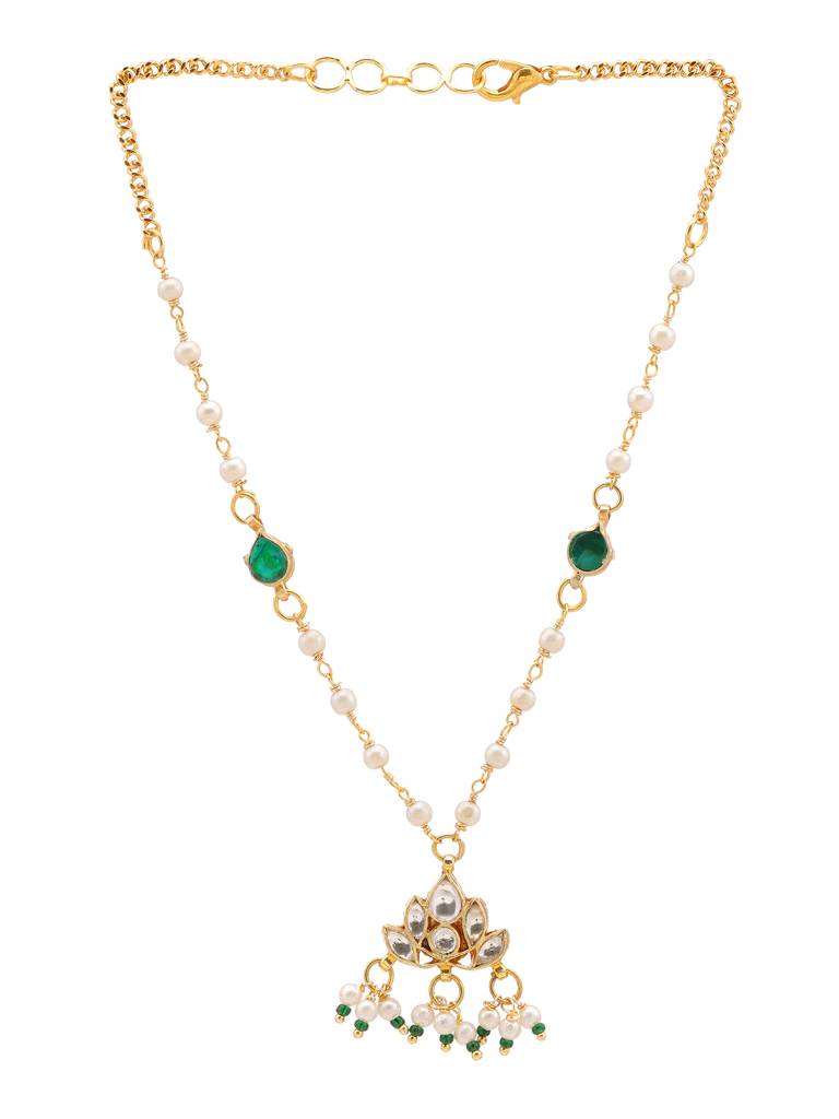 Kundan Necklace, Stud Earrings, Maang Tikka & Bracelet/Haath Phool Jewelry Set In Gold Plated Brass With Pearls & : RRJAN25-74