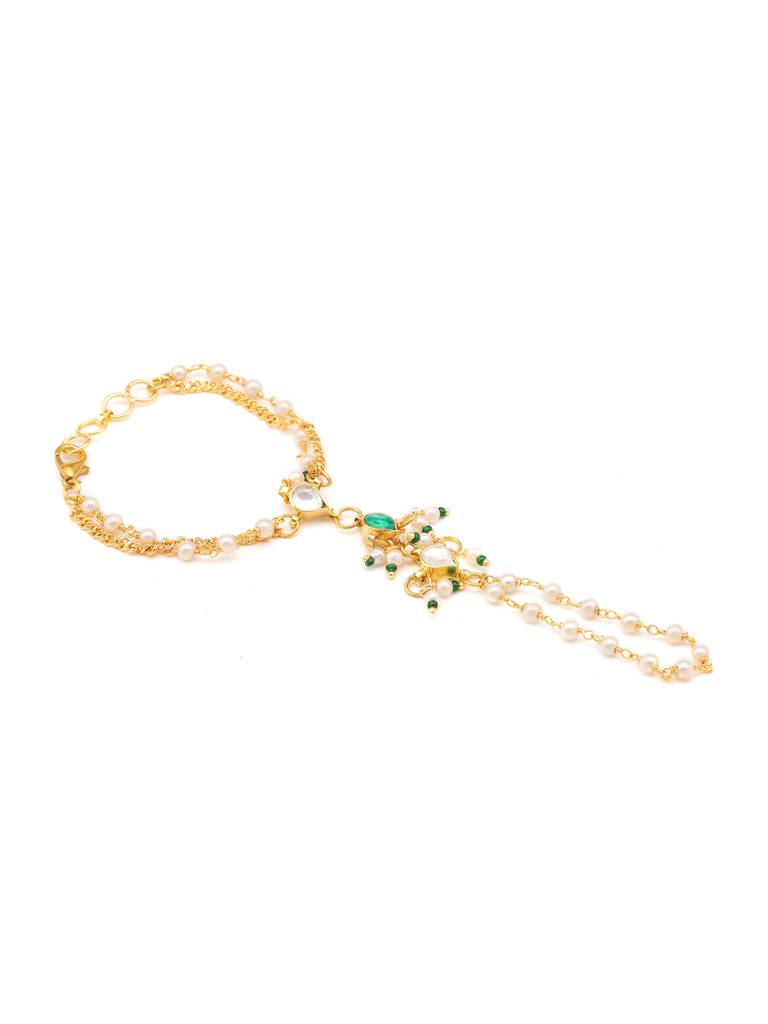 Kundan Necklace, Stud Earrings, Maang Tikka & Bracelet/Haath Phool Jewelry Set In Gold Plated Brass With Pearls & : RRJAN25-74