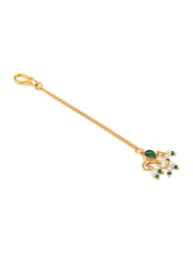 Kundan Necklace, Stud Earrings, Maang Tikka & Bracelet/Haath Phool Jewelry Set In Gold Plated Brass With Pearls & : RRJAN25-74