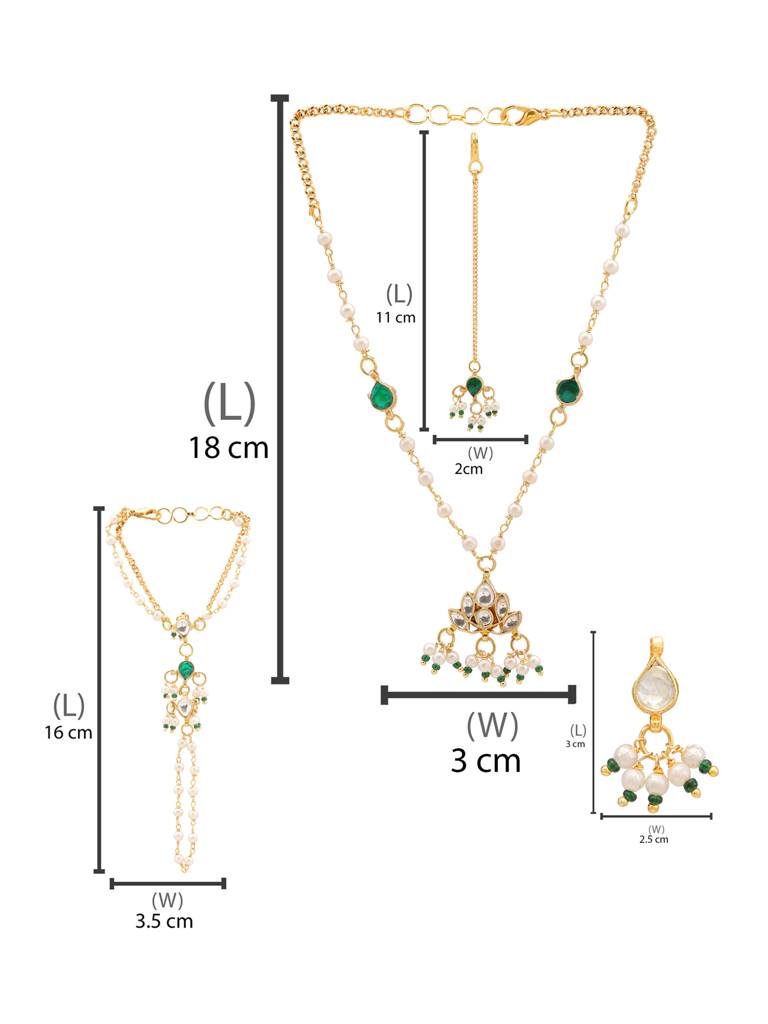 Kundan Necklace, Stud Earrings, Maang Tikka & Bracelet/Haath Phool Jewelry Set In Gold Plated Brass With Pearls & : RRJAN25-74