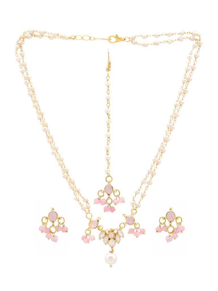 Kundan Blush Pink Sone Necklace, Stud Earrings, Maang Tikka & Bracelet/Haath Phool Jewelry Set In Gold Plated Bra : RRJAN25-75