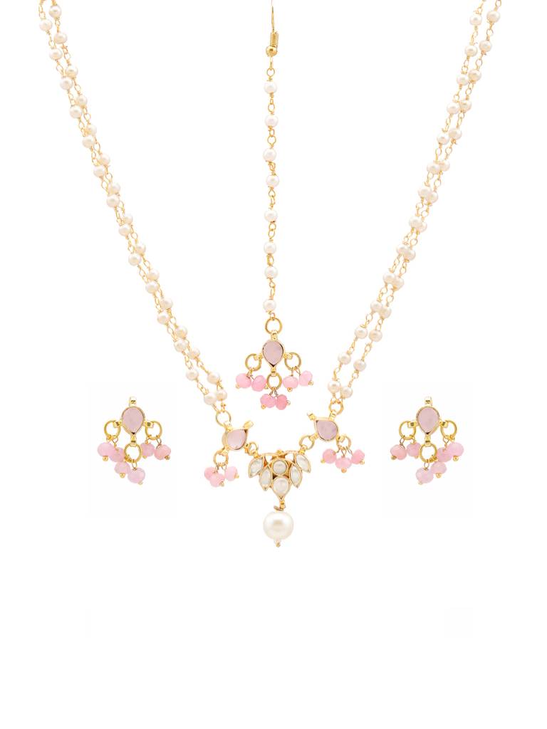 Kundan Blush Pink Sone Necklace, Stud Earrings, Maang Tikka & Bracelet/Haath Phool Jewelry Set In Gold Plated Bra : RRJAN25-75