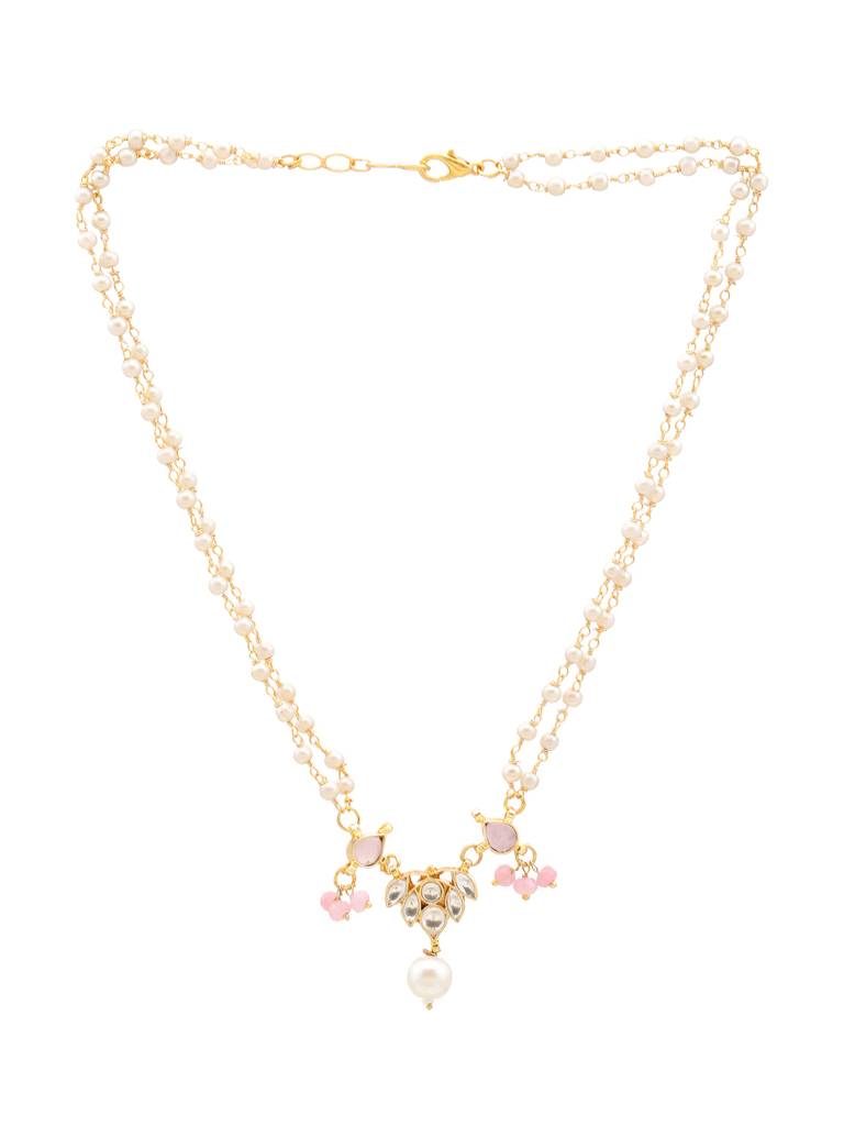 Kundan Blush Pink Sone Necklace, Stud Earrings, Maang Tikka & Bracelet/Haath Phool Jewelry Set In Gold Plated Bra : RRJAN25-75