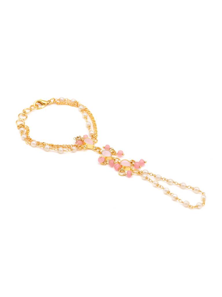 Kundan Blush Pink Sone Necklace, Stud Earrings, Maang Tikka & Bracelet/Haath Phool Jewelry Set In Gold Plated Bra : RRJAN25-75