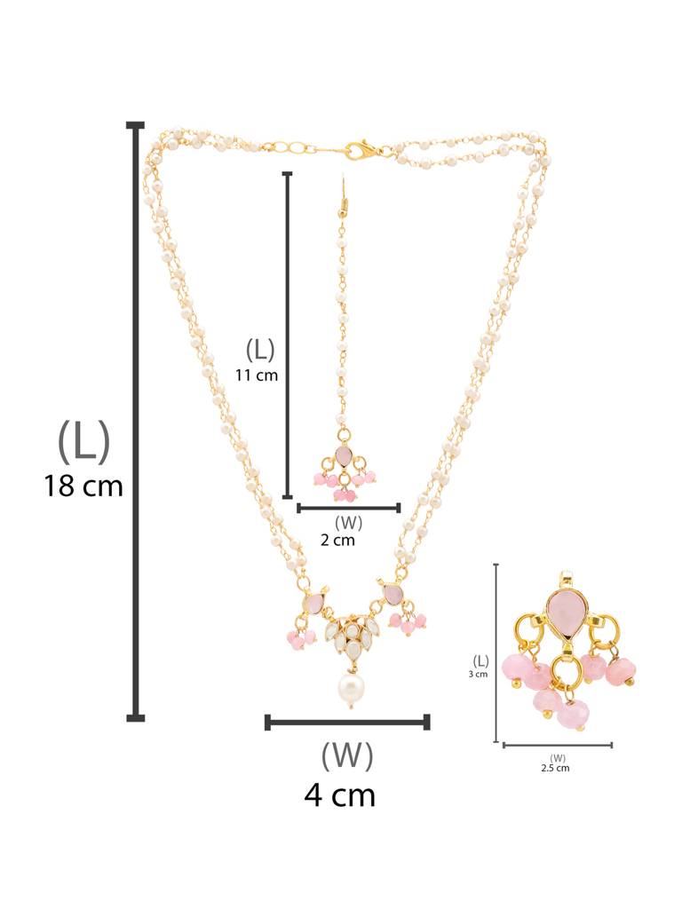 Kundan Blush Pink Sone Necklace, Stud Earrings, Maang Tikka & Bracelet/Haath Phool Jewelry Set In Gold Plated Bra : RRJAN25-75