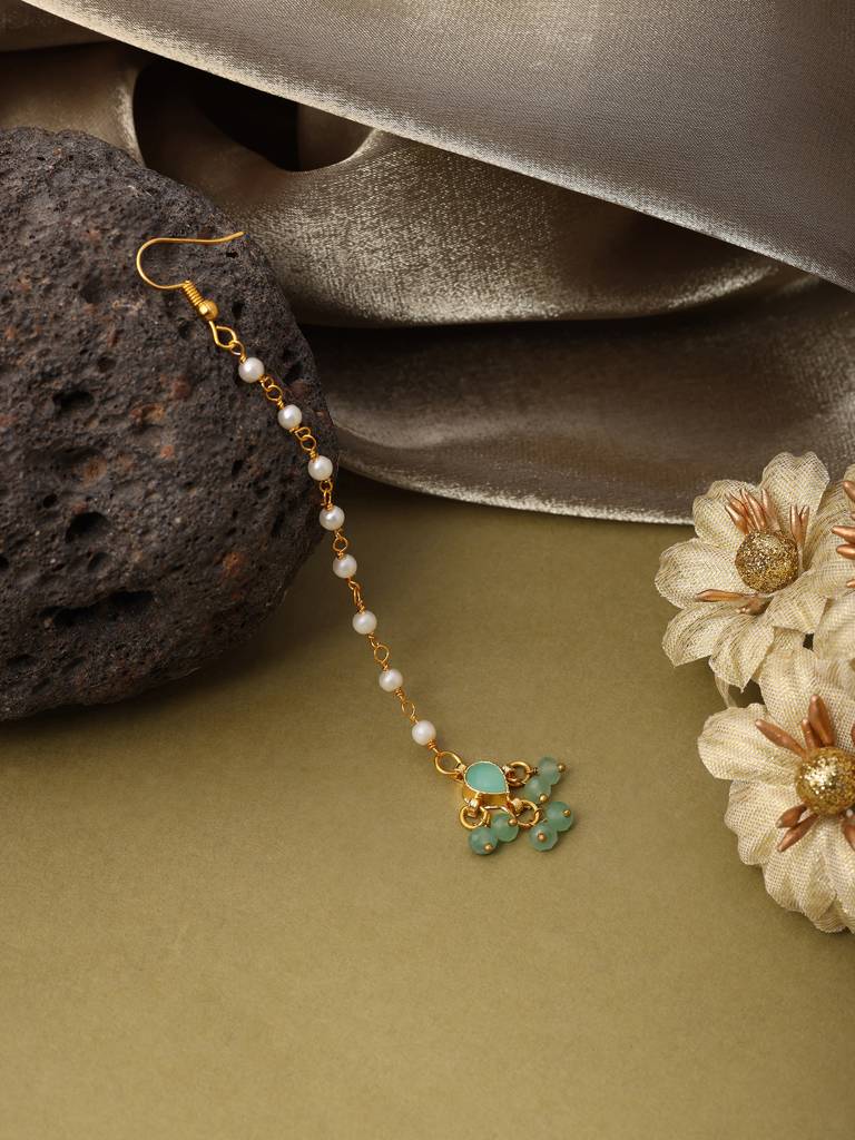Tear Drop Shaped Maang Tikka With Jhallar Mint Green Bead In Gold Plated Brass : RRJAN25-7