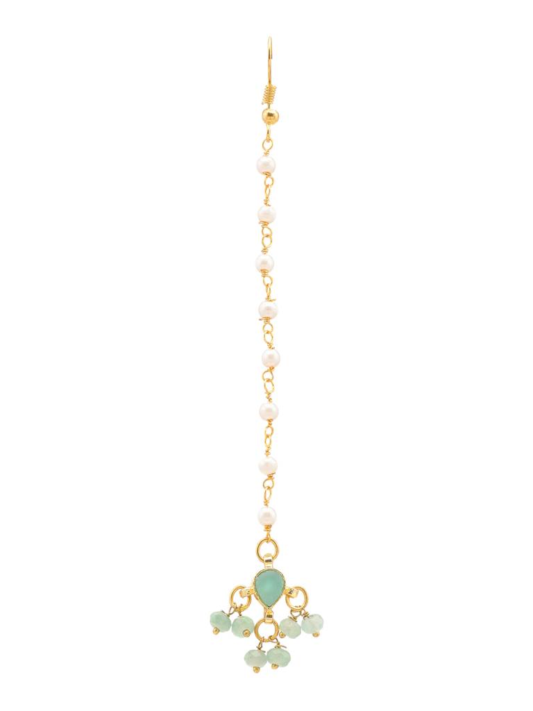Tear Drop Shaped Maang Tikka With Jhallar Mint Green Bead In Gold Plated Brass : RRJAN25-7