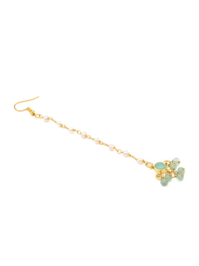 Tear Drop Shaped Maang Tikka With Jhallar Mint Green Bead In Gold Plated Brass : RRJAN25-7