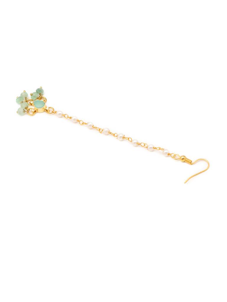 Tear Drop Shaped Maang Tikka With Jhallar Mint Green Bead In Gold Plated Brass : RRJAN25-7