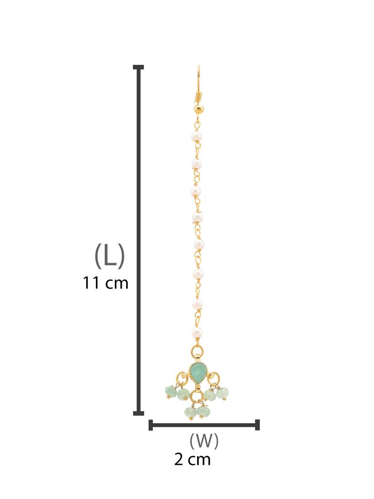 Tear Drop Shaped Maang Tikka With Jhallar Mint Green Bead In Gold Plated Brass : RRJAN25-7